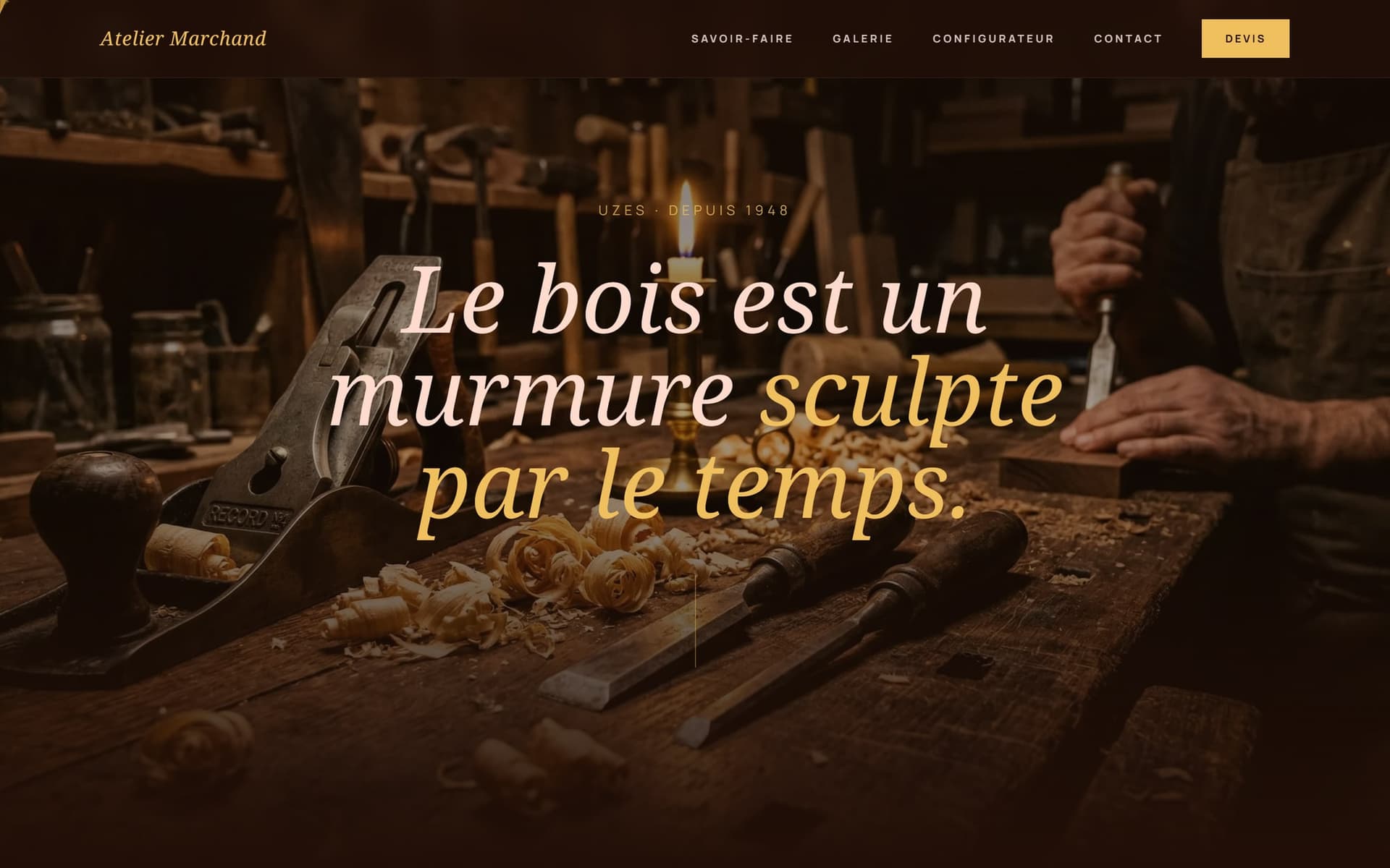 Atelier Marchand : page d’accueil du site (Ébénistes & artisans d’art), entreprise fictive