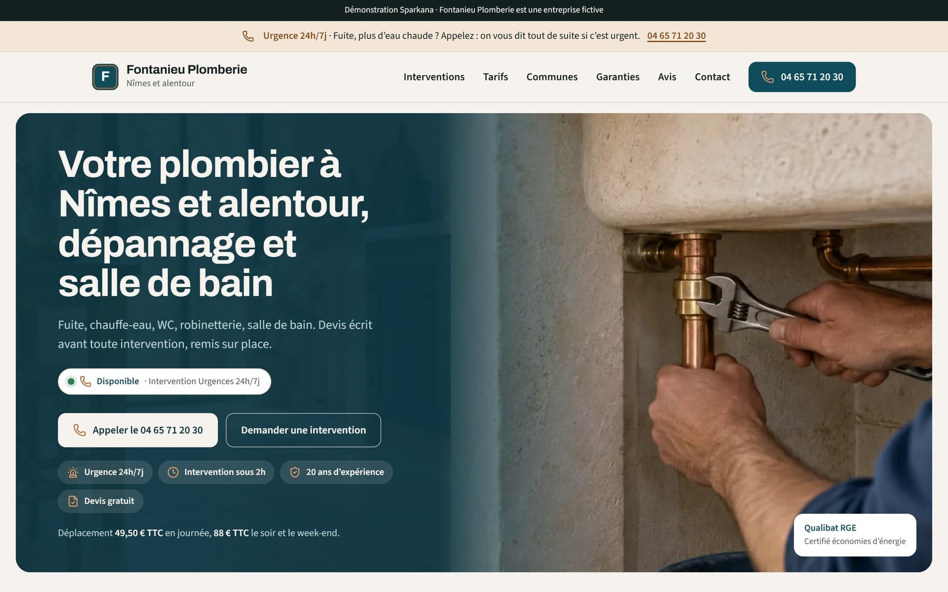 Fontanieu Plomberie : page d’accueil du site (Plombiers & artisans du bâtiment), entreprise fictive