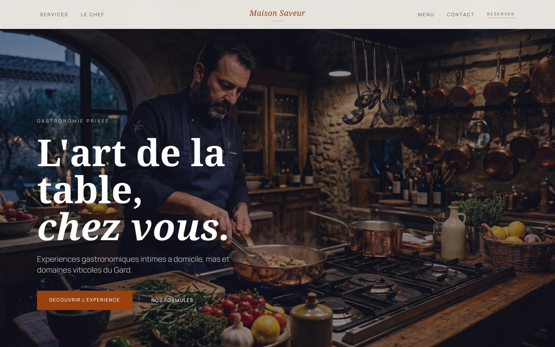 Maison Saveur : page d’accueil du site (Traiteurs & chefs à domicile), entreprise fictive