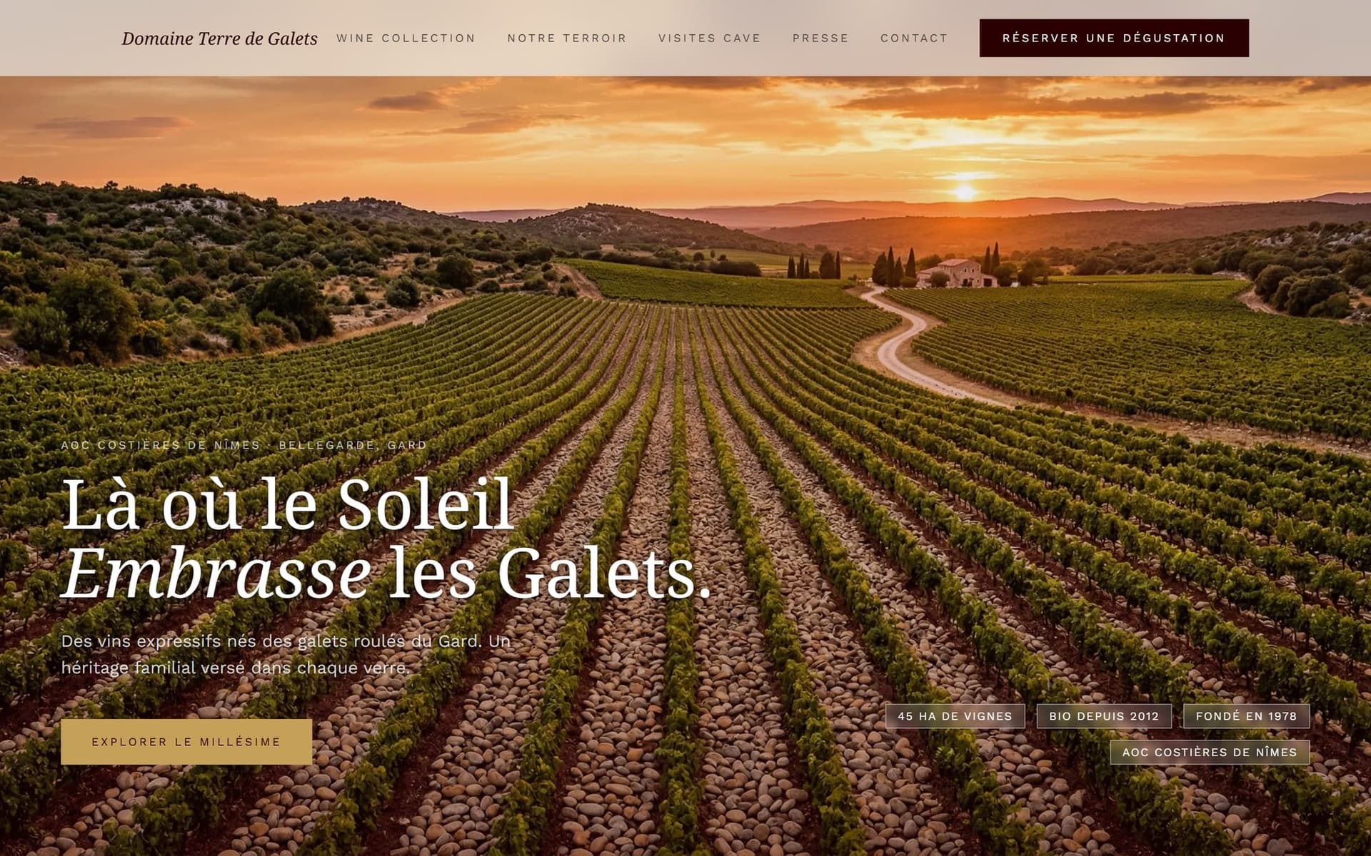 Domaine Terre de Galets : page d’accueil du site (Domaines viticoles), entreprise fictive