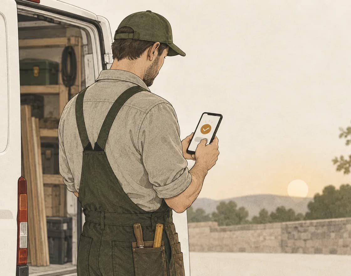 Un artisan qui valide d’un pouce, sur son téléphone, la réponse préparée par son agent